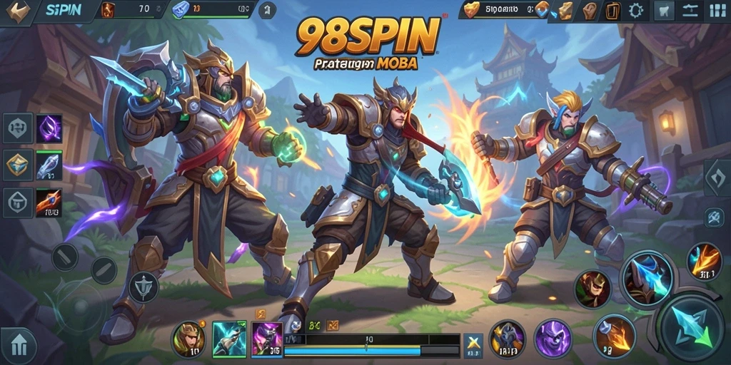 Screenshot gameplay 98SPIN dengan aksi MOBA yang intens.