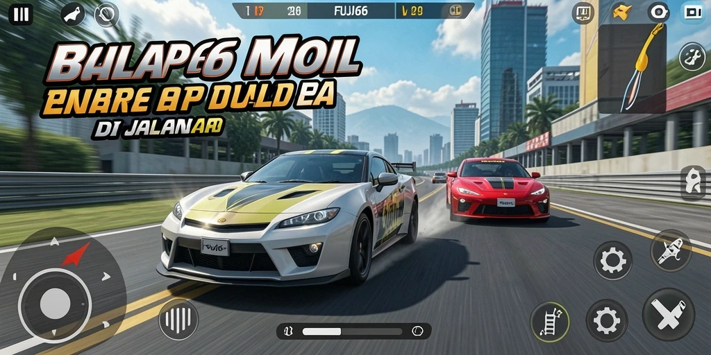 Tampilan gameplay FUJI66 menampilkan balapan mendebarkan dengan mobil cepat.