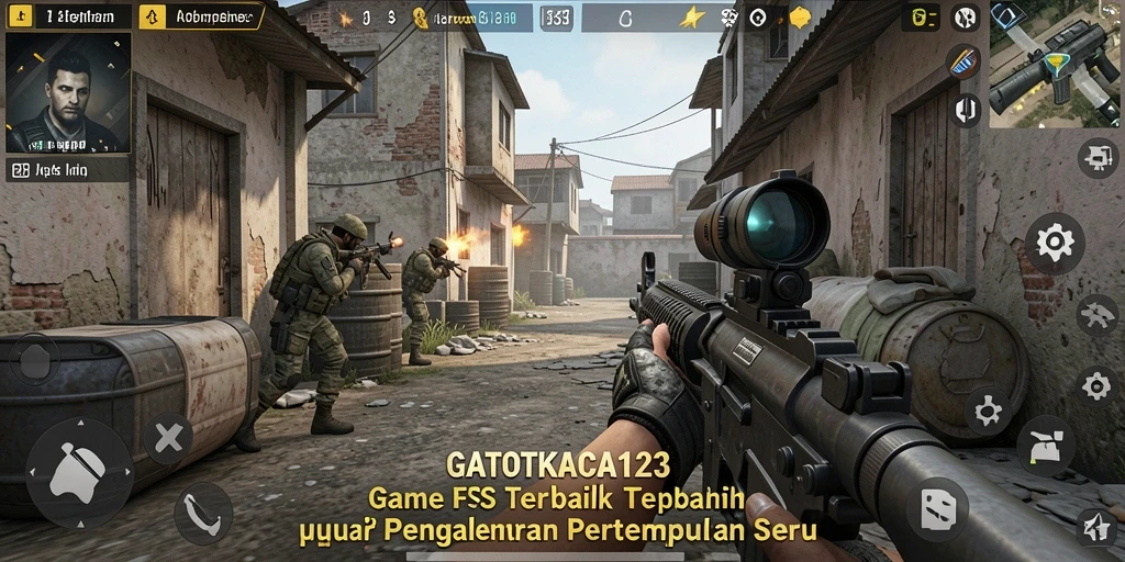 Screenshot menampilkan aksi seru gameplay GATOTKACA123 dalam mode FPS.