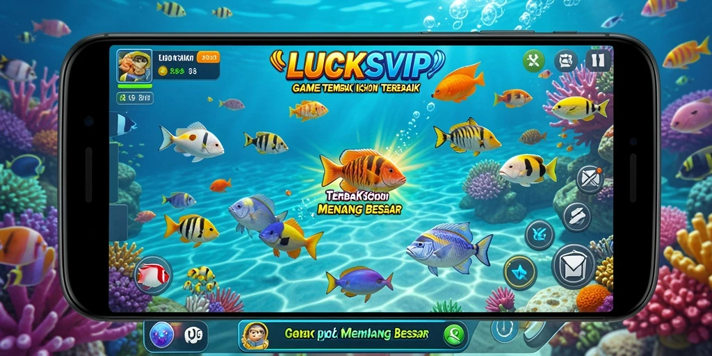 Tampilan gameplay LUCKSVIP saat membidik ikan di lautan.