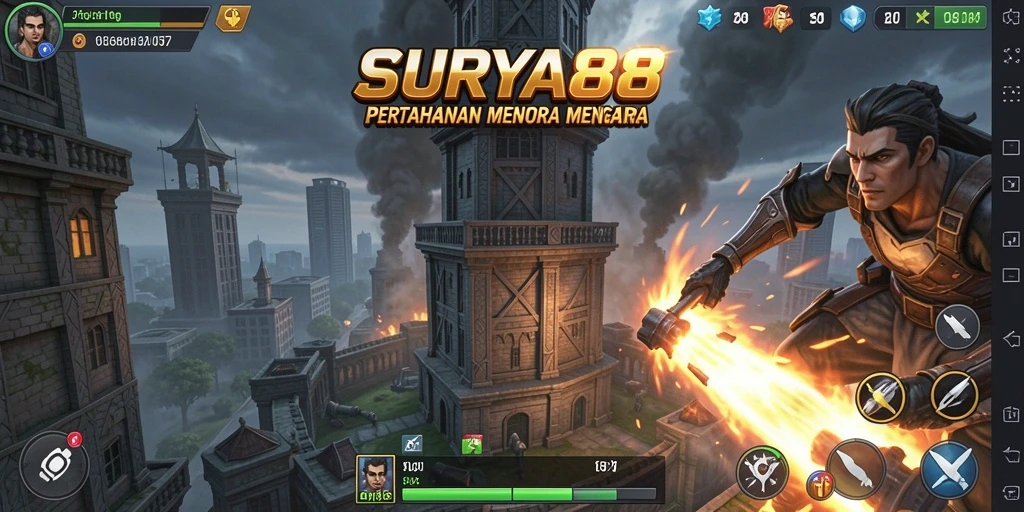 Screenshot gameplay SURYA88 yang menampilkan aksi pertahanan menara yang intens.