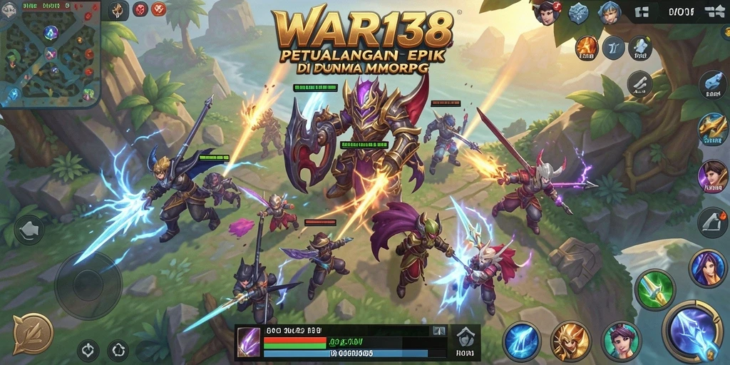 Screenshot utama WAR138 menampilkan aksi intens di dunia MMORPG yang luas.